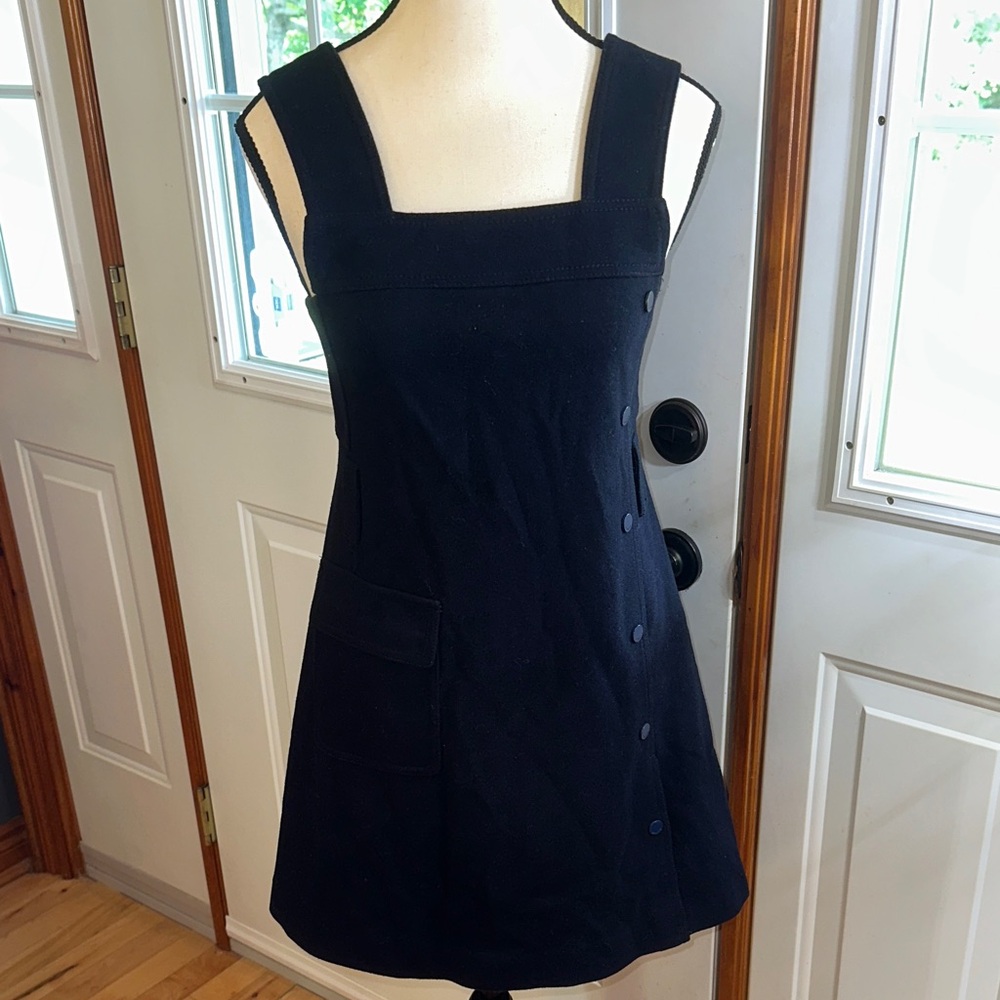 Ochirly Dark Navy Blue Sleeveless Button-Down Wool Blend Jumper Dress